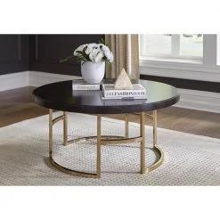 Corliss 38 in. Americano and Rose Brass Round Wood Coffee Table by Coaster Home Furnishings -Coaster Home Furnishings Shop americano and rose brass coaster home furnishings coffee tables 722748 31 1000