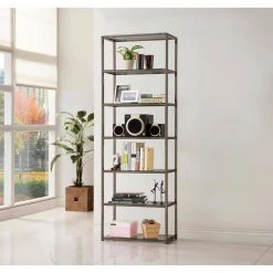 Carmelo 77.75in Black Nickel 6-Shelf Bookcase by Coaster Home Furnishings -Coaster Home Furnishings Shop black nickel coaster home furnishings bookcases bookshelves 801017 1f 1000