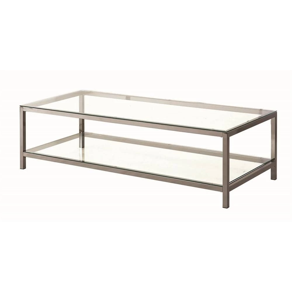 54 in. Black Nickel/Clear Large Rectangle Glass Coffee Table with Shelf by Coaster Home Furnishings 3 54 in. Black Nickel/Clear Large Rectangle Glass Coffee Table with Shelf by Coaster Home Furnishings