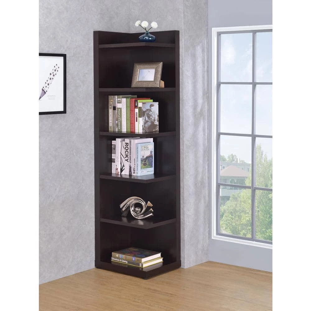 71 in. Cappuccino Wood 6-Shelf Corner Transitional Bookcase by Coaster Home Furnishings 6 71 in. Cappuccino Wood 6-Shelf Corner Transitional Bookcase by Coaster Home Furnishings - Image 4