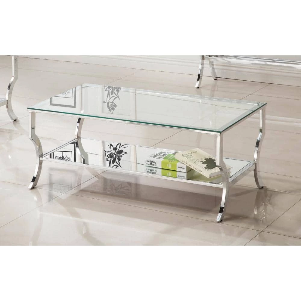 48 in. Chrome/Clear Large Rectangle Glass Coffee Table with Mirrored Shelf by Coaster Home Furnishings 6 48 in. Chrome/Clear Large Rectangle Glass Coffee Table with Mirrored Shelf by Coaster Home Furnishings - Image 4