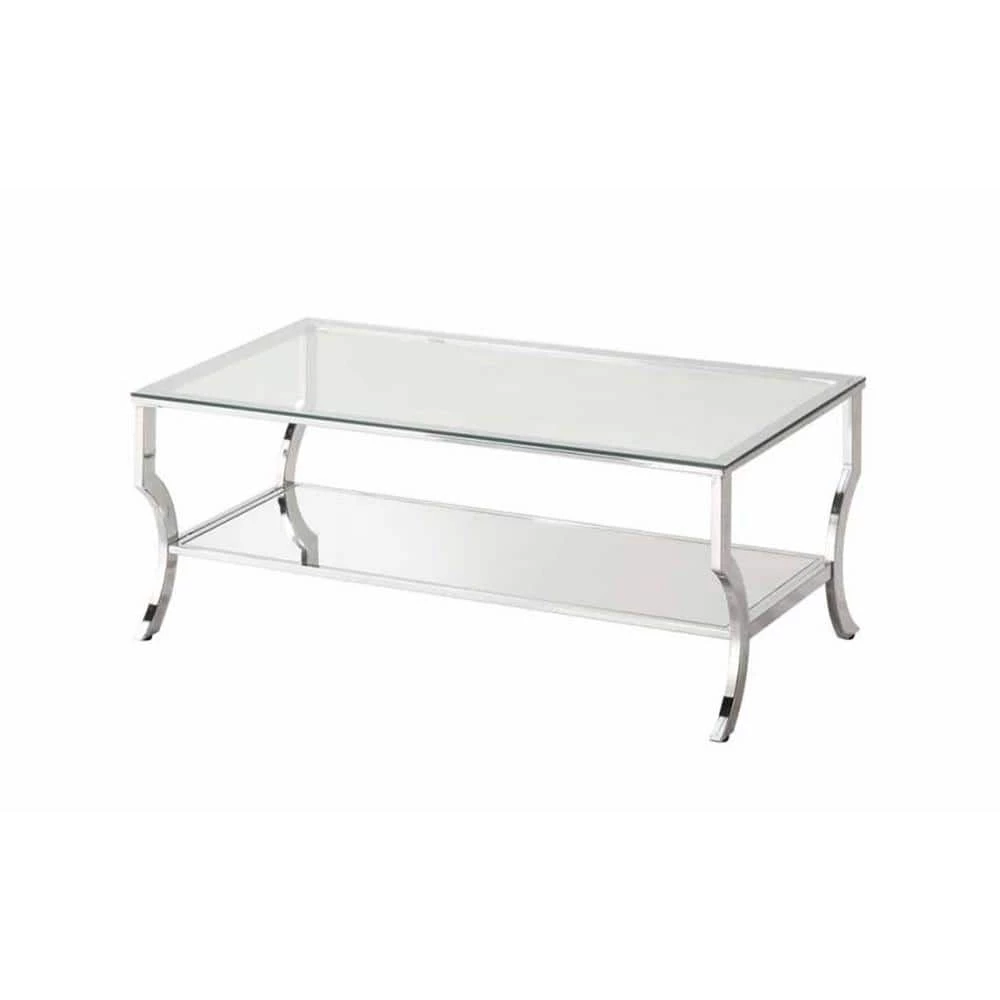 48 in. Chrome/Clear Large Rectangle Glass Coffee Table with Mirrored Shelf by Coaster Home Furnishings 3 48 in. Chrome/Clear Large Rectangle Glass Coffee Table with Mirrored Shelf by Coaster Home Furnishings