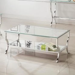 48 in. Chrome/Clear Large Rectangle Glass Coffee Table with Mirrored Shelf by Coaster Home Furnishings 8 48 in. Chrome/Clear Large Rectangle Glass Coffee Table with Mirrored Shelf by Coaster Home Furnishings -Coaster Home Furnishings Shop chrome coaster home furnishings coffee tables 720338 c3 1000