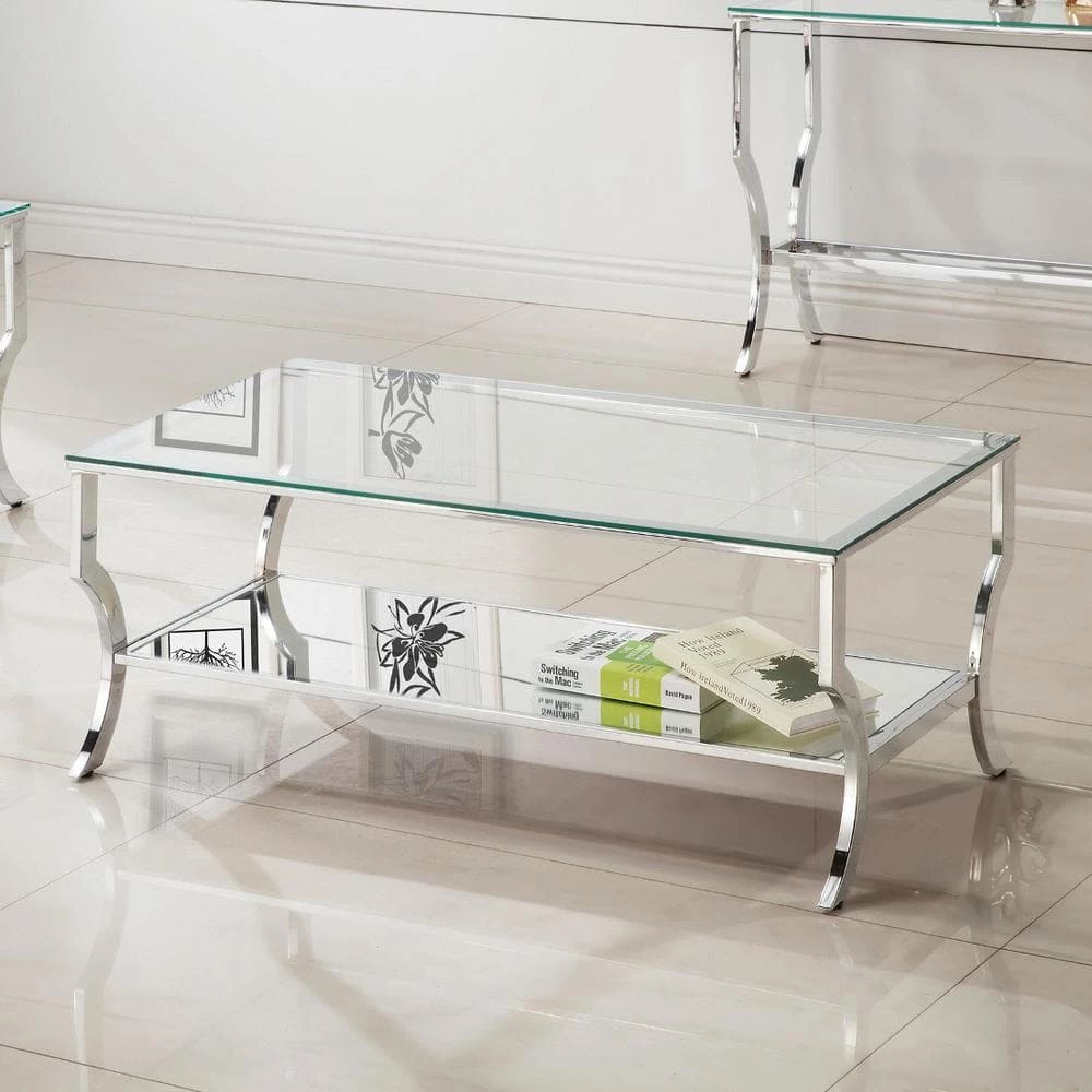 48 in. Chrome/Clear Large Rectangle Glass Coffee Table with Mirrored Shelf by Coaster Home Furnishings 5 48 in. Chrome/Clear Large Rectangle Glass Coffee Table with Mirrored Shelf by Coaster Home Furnishings - Image 3