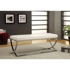 Man-Made Leather Bench with Metal Base White and Chrome by Coaster Home Furnishings -Coaster Home Furnishings Shop chrome coaster home furnishings dining benches 501157 c3 1000
