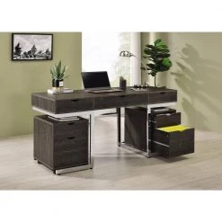 Noorvik 62 in. Rectangular Dark Oak and Chrome 3-Drawer Writing Desk by Coaster Home Furnishings -Coaster Home Furnishings Shop dark oak and chrome coaster home furnishings writing desks 881571 c3 1000