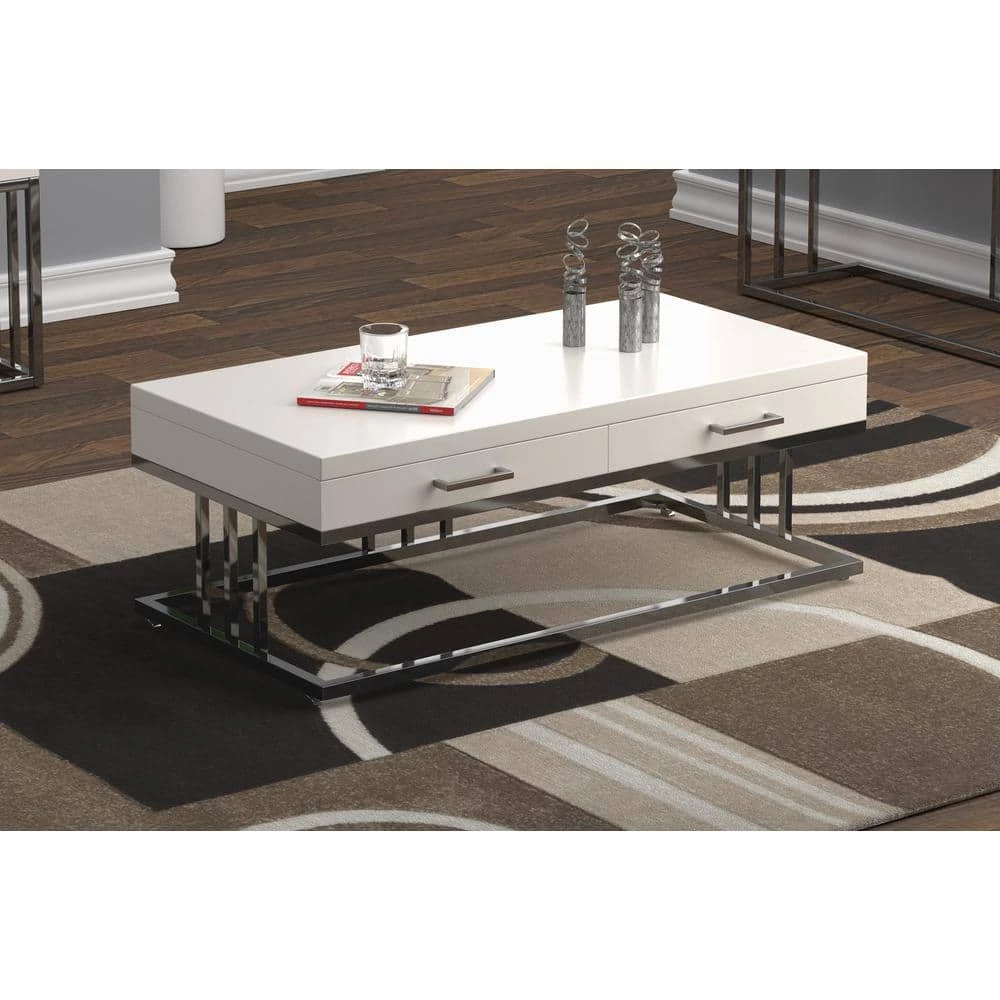 47.25 in. Glossy White and Chrome Rectangle Wood Coffee Table with 2-Drawers by Coaster Home Furnishings 9 47.25 in. Glossy White and Chrome Rectangle Wood Coffee Table with 2-Drawers by Coaster Home Furnishings - Image 7