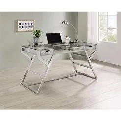 Emelle 56 in. Rectangular Grey Driftwood and Chrome 2-Drawer Writing Desk with Compartment by Coaster Home Furnishings -Coaster Home Furnishings Shop grey driftwood and chrome coaster home furnishings writing desks 882116 31 1000