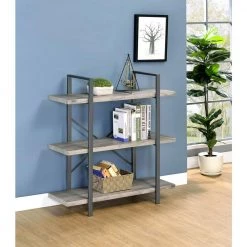 40 in. Grey Driftwood and Gunmetal Wood 3-Shelf Industrial Bookcase by Coaster Home Furnishings -Coaster Home Furnishings Shop grey driftwood and gunmetal coaster home furnishings bookcases bookshelves 805815 31 1000
