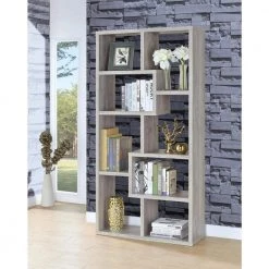 70.75in Grey Driftwood Wood 10-Shelf Geometric Bookcase by Coaster Home Furnishings -Coaster Home Furnishings Shop grey driftwood coaster home furnishings bookcases bookshelves 801137 31 1000