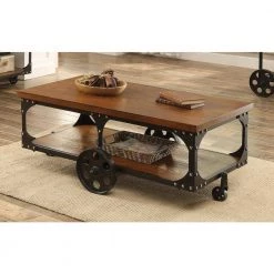Roy 48 in Rustic Brown Rectangle Wood Coffee Table with Casters and Bottom Shelf by Coaster Home Furnishings -Coaster Home Furnishings Shop rustic brown coaster home furnishings coffee tables 701128 31 1000