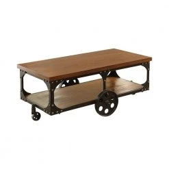 Roy 48 in Rustic Brown Rectangle Wood Coffee Table with Casters and Bottom Shelf by Coaster Home Furnishings