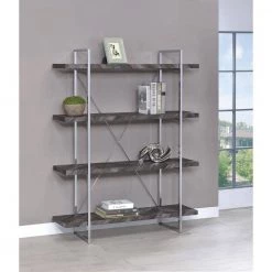 Grimma 62.5 in. Rustic Grey Herringbone 4-Shelf Bookcase by Coaster Home Furnishings -Coaster Home Furnishings Shop rustic grey herringbone and chrome coaster home furnishings bookcases bookshelves 802613 31 1000