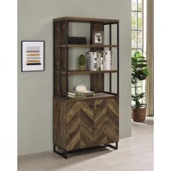 Millbrook 70.75 in. Rustic Oak Herringbone and Gunmetal 3-Shelf Bookcase by Coaster Home Furnishings -Coaster Home Furnishings Shop rustic oak herringbone and gunmetal coaster home furnishings bookcases bookshelves 882093 31 1000