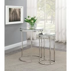 Bleker 17.75 in. Silver and Clear Crystals Round Glass Coffee Table with 2-Pieces by Coaster Home Furnishings -Coaster Home Furnishings Shop silver coaster home furnishings nesting tables 930227 31 1000