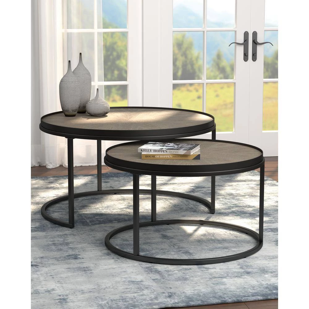 35.5 in. Weathered Elm and Gunmetal Round Wood Coffee Table with 2-Pieces by Coaster Home Furnishings 7 35.5 in. Weathered Elm and Gunmetal Round Wood Coffee Table with 2-Pieces by Coaster Home Furnishings - Image 5