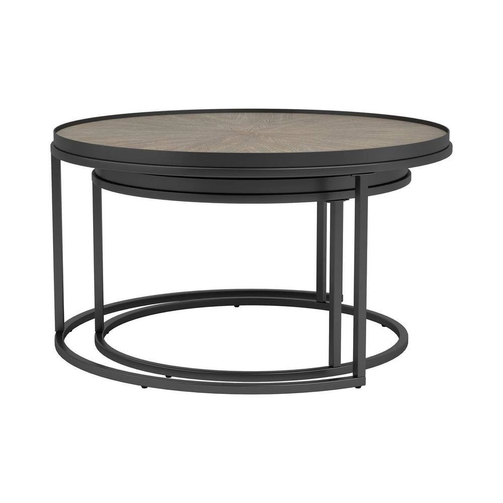 35.5 in. Weathered Elm and Gunmetal Round Wood Coffee Table with 2-Pieces by Coaster Home Furnishings 4 35.5 in. Weathered Elm and Gunmetal Round Wood Coffee Table with 2-Pieces by Coaster Home Furnishings - Image 2