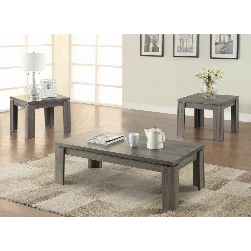 3-Piece 48 in. Weathered Gray Large Rectangle Wood Coffee Table Set by Coaster Home Furnishings 4 3-Piece 48 in. Weathered Gray Large Rectangle Wood Coffee Table Set by Coaster Home Furnishings - Image 2
