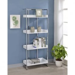 Ember 67.5 in. White High Gloss and Chrome 4-Shelf Accent Bookcase by Coaster Home Furnishings -Coaster Home Furnishings Shop white and chrome coaster home furnishings bookcases bookshelves 803402 31 1000