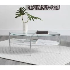 49 .25in White and Chrome Oval Glass Coffee Table with Faux Carrara Faux Marble Shelf by Coaster Home Furnishings -Coaster Home Furnishings Shop white and chrome coaster home furnishings coffee tables 723278 31 1000