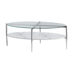 49 .25in White and Chrome Oval Glass Coffee Table with Faux Carrara Faux Marble Shelf by Coaster Home Furnishings