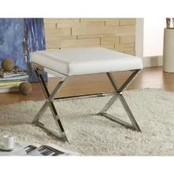 White and Chrome x-Cross Base Upholstered Ottoman by Coaster Home Furnishings -Coaster Home Furnishings Shop white and chrome coaster home furnishings ottomans 501063 31 1000