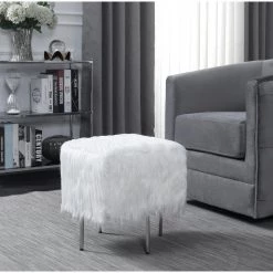 White and Chrome Faux Sheepskin Upholstered Ottoman by Coaster Home Furnishings -Coaster Home Furnishings Shop white and chrome coaster home furnishings ottomans 910231 31 1000