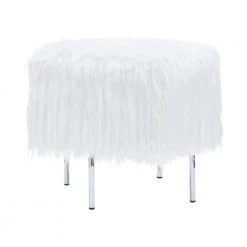 White and Chrome Faux Sheepskin Upholstered Ottoman by Coaster Home Furnishings