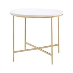 22 in. White and Gold Round Marble End Table with X-Base by Coaster Home Furnishings