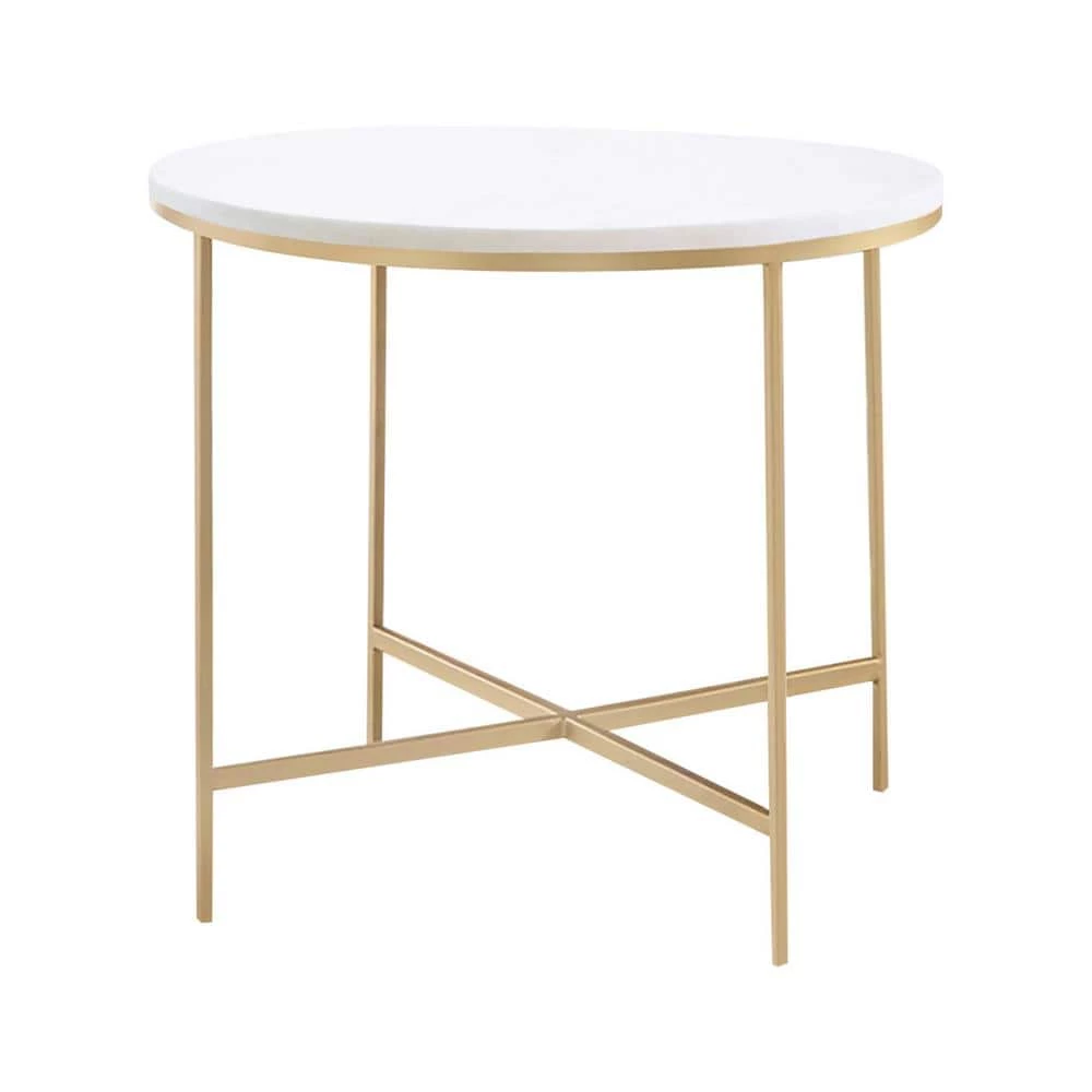 22 in. White and Gold Round Marble End Table with X-Base by Coaster Home Furnishings 3 22 in. White and Gold Round Marble End Table with X-Base by Coaster Home Furnishings