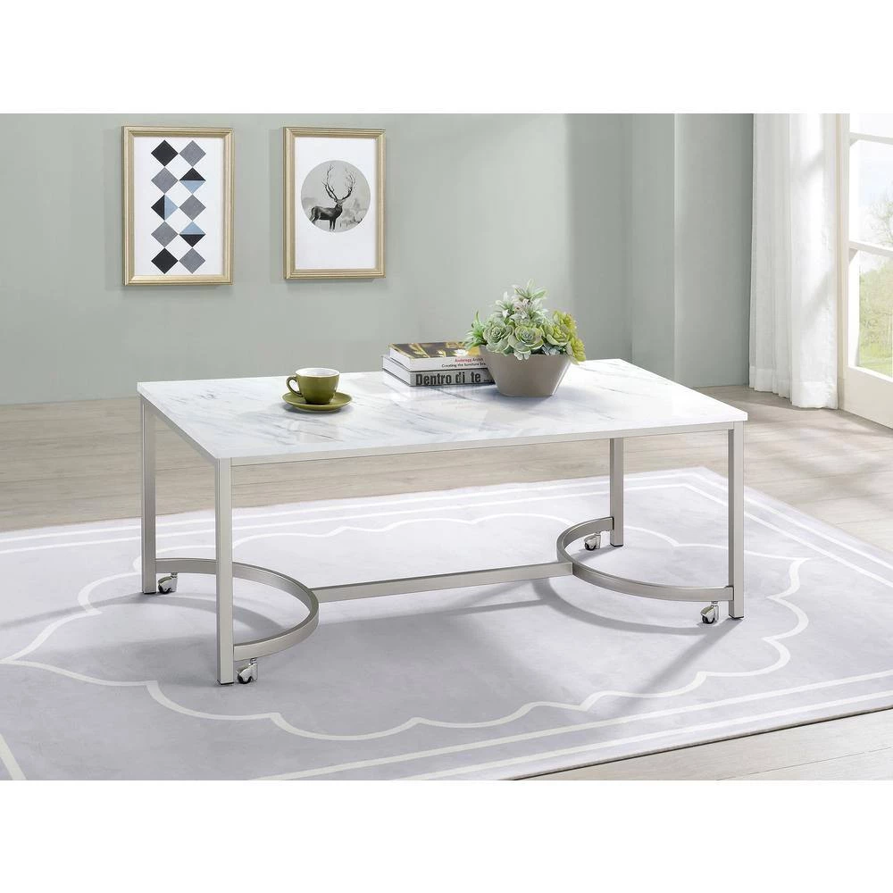 45.75 in. White and Satin Nickel Rectangle Faux Marble Coffee Table with Casters by Coaster Home Furnishings 6 45.75 in. White and Satin Nickel Rectangle Faux Marble Coffee Table with Casters by Coaster Home Furnishings - Image 4
