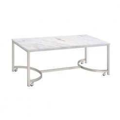 45.75 in. White and Satin Nickel Rectangle Faux Marble Coffee Table with Casters by Coaster Home Furnishings