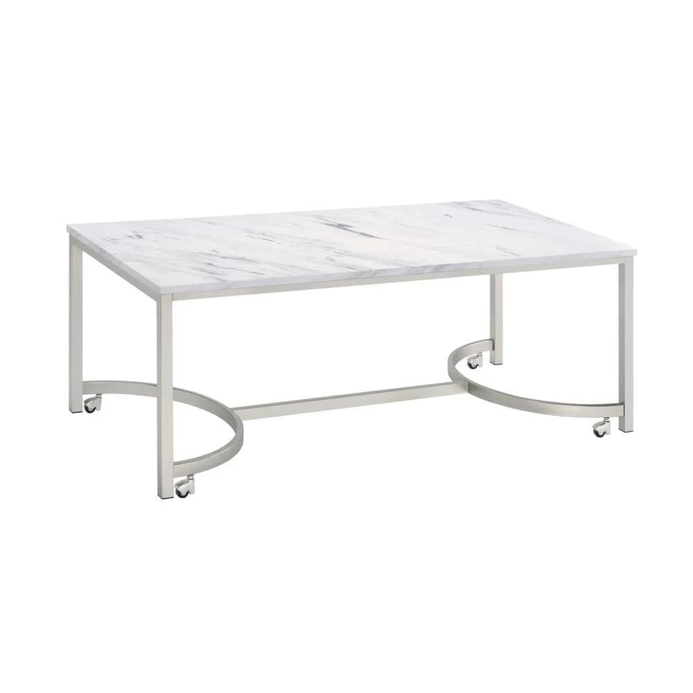 45.75 in. White and Satin Nickel Rectangle Faux Marble Coffee Table with Casters by Coaster Home Furnishings 3 45.75 in. White and Satin Nickel Rectangle Faux Marble Coffee Table with Casters by Coaster Home Furnishings