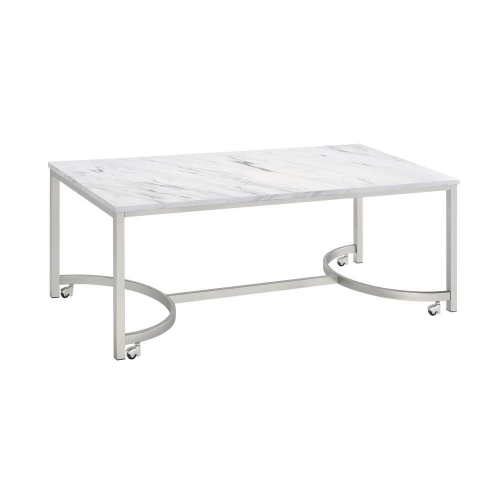 45.75 in. White and Satin Nickel Rectangle Faux Marble Coffee Table with Casters by Coaster Home Furnishings 4 45.75 in. White and Satin Nickel Rectangle Faux Marble Coffee Table with Casters by Coaster Home Furnishings - Image 2