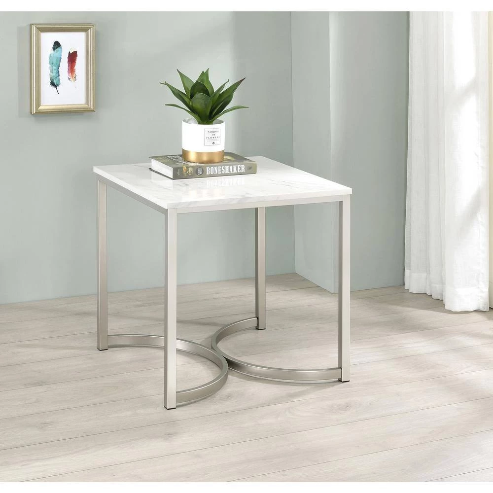 22 in. White and Satin Nickel Square Faux Marble End Table by Coaster Home Furnishings 6 22 in. White and Satin Nickel Square Faux Marble End Table by Coaster Home Furnishings - Image 4