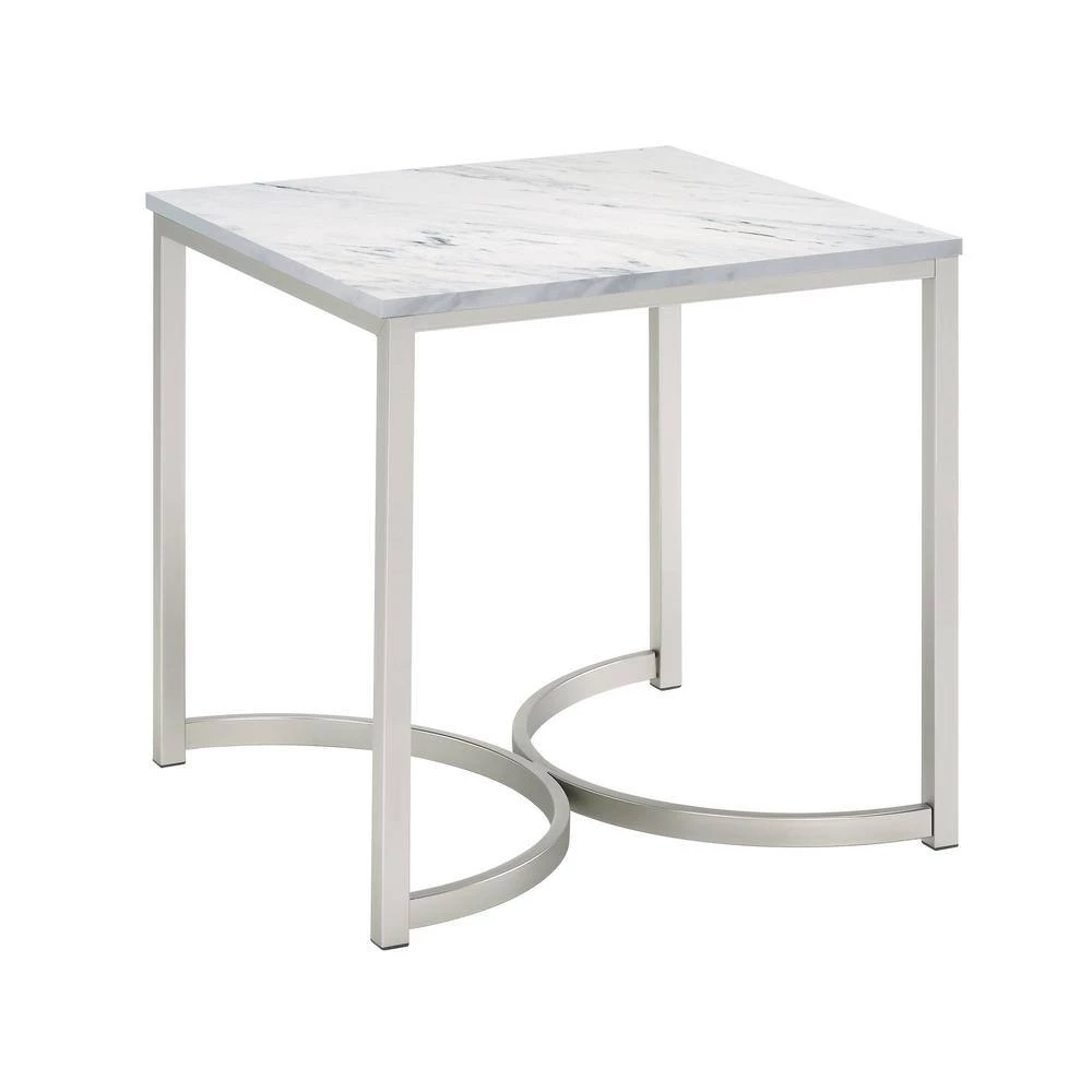 22 in. White and Satin Nickel Square Faux Marble End Table by Coaster Home Furnishings 4 22 in. White and Satin Nickel Square Faux Marble End Table by Coaster Home Furnishings - Image 2