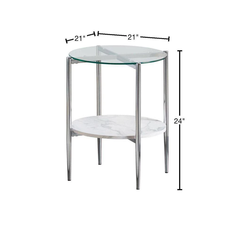 21 in. White Carrara Faux Marble and Chrome Round Glass End Table by Coaster Home Furnishings 5 21 in. White Carrara Faux Marble and Chrome Round Glass End Table by Coaster Home Furnishings - Image 3