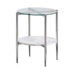 21 in. White Carrara Faux Marble and Chrome Round Glass End Table by Coaster Home Furnishings