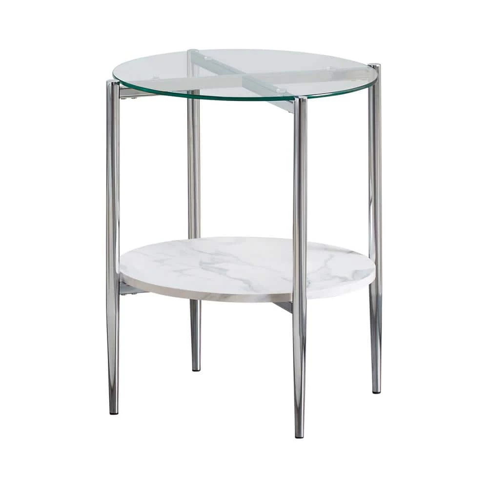 21 in. White Carrara Faux Marble and Chrome Round Glass End Table by Coaster Home Furnishings 3 21 in. White Carrara Faux Marble and Chrome Round Glass End Table by Coaster Home Furnishings