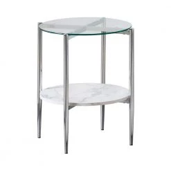 21 in. White Carrara Faux Marble and Chrome Round Glass End Table by Coaster Home Furnishings 10 21 in. White Carrara Faux Marble and Chrome Round Glass End Table by Coaster Home Furnishings -Coaster Home Furnishings Shop white carrara faux marble and chrome coaster home furnishings end side tables 723277 c3 1000