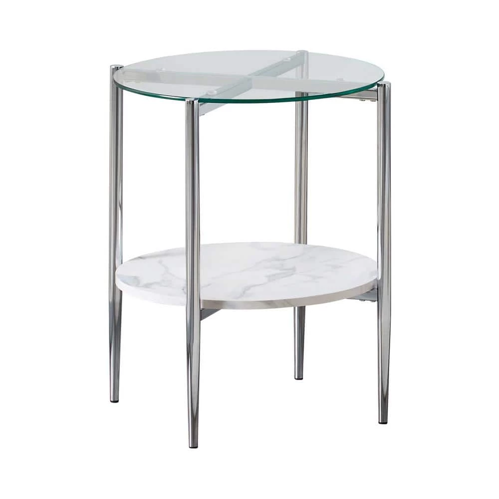 21 in. White Carrara Faux Marble and Chrome Round Glass End Table by Coaster Home Furnishings 6 21 in. White Carrara Faux Marble and Chrome Round Glass End Table by Coaster Home Furnishings - Image 4
