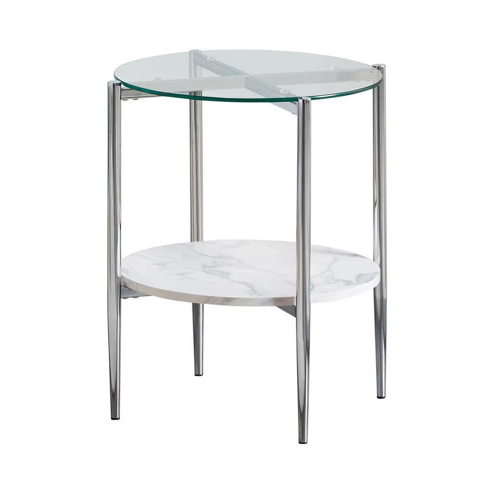 21 in. White Carrara Faux Marble and Chrome Round Glass End Table by Coaster Home Furnishings 4 21 in. White Carrara Faux Marble and Chrome Round Glass End Table by Coaster Home Furnishings - Image 2